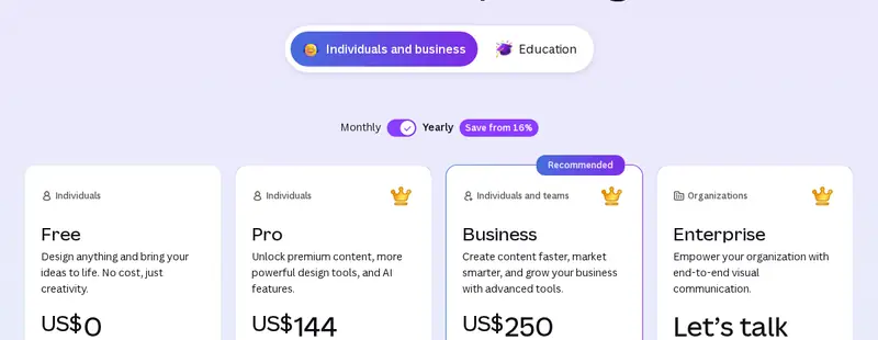 Canva pricing page showing the Free plan at zero dollars next to paid plans