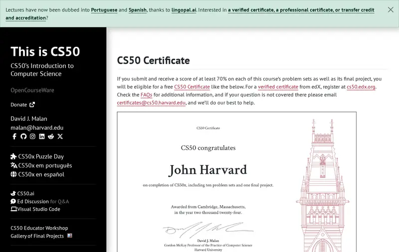 CS50 Certificate page showing a sample certificate