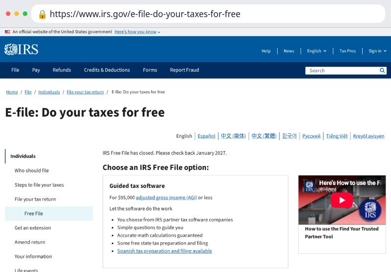 Screenshot of the official IRS Free File page on irs.gov