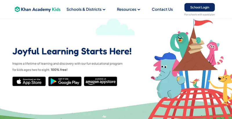 Khan Academy Kids web page saying 100% free learning program for kids ages two to eight