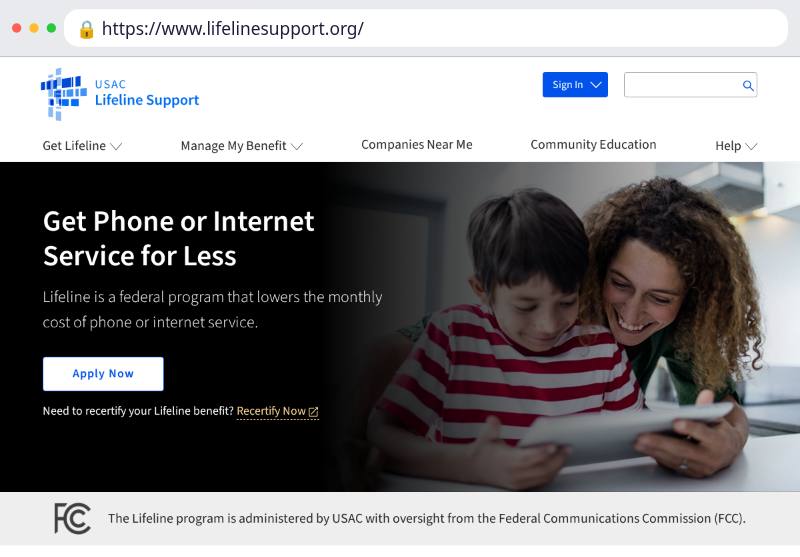 Screenshot of the official Lifeline National Verifier home page at lifelinesupport.org