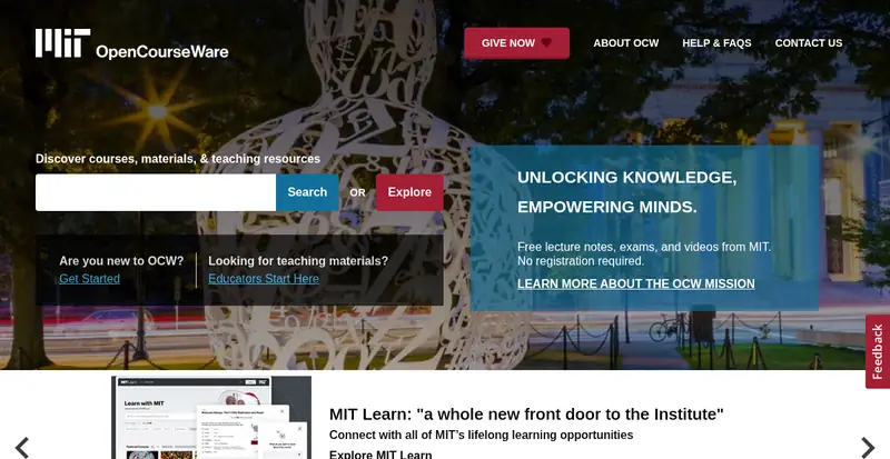MIT OpenCourseWare home page with a search box and the note No registration required