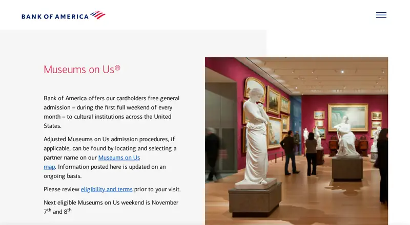 Bank of America Museums on Us page saying cardholders get free general admission the first full weekend of every month