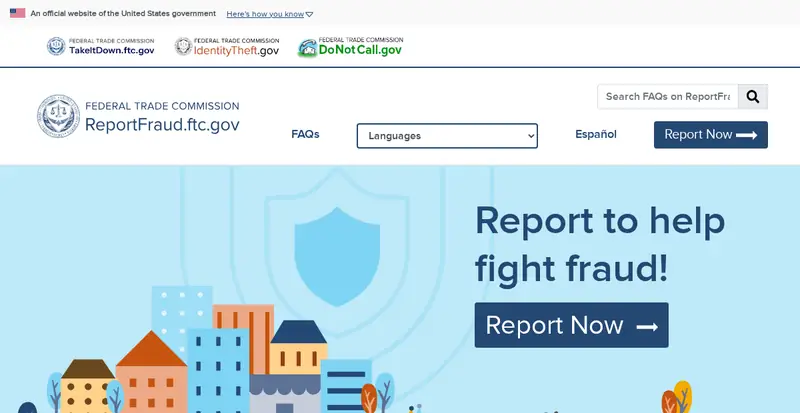 ReportFraud.ftc.gov page saying Report to help fight fraud with a Report Now button