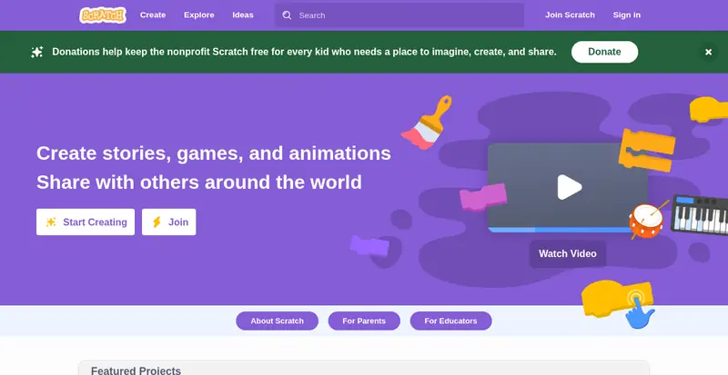 Scratch home page with Start Creating and Join buttons