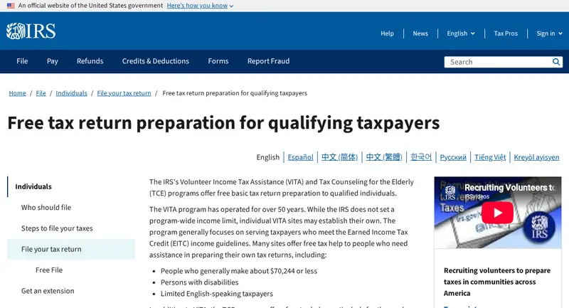 IRS web page titled Free tax return preparation for qualifying taxpayers, listing who VITA helps