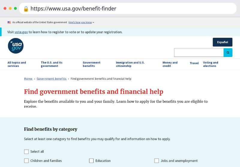 Screenshot of the official USA.gov benefit finder page